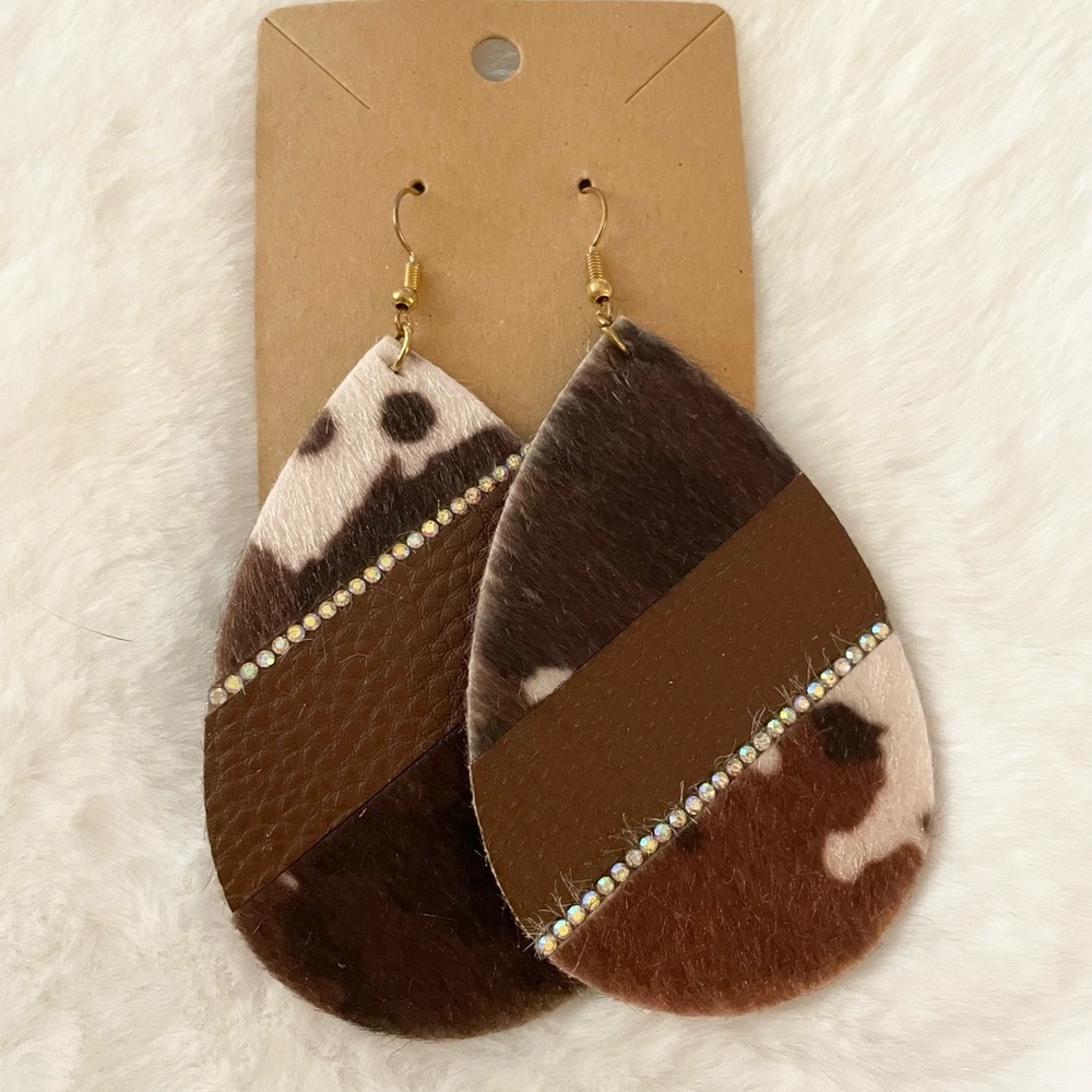 Hair On Hide Faux Leather Jeweled Teardrop Dangle Drop Earrings - Picture 2 of 10